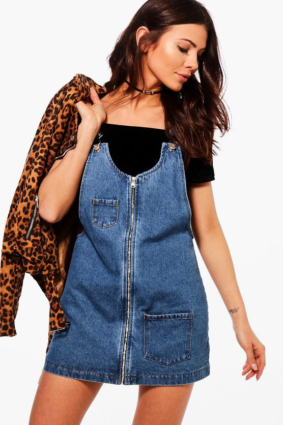 Petite Kitty Zip Front Denim Pinafore Dress